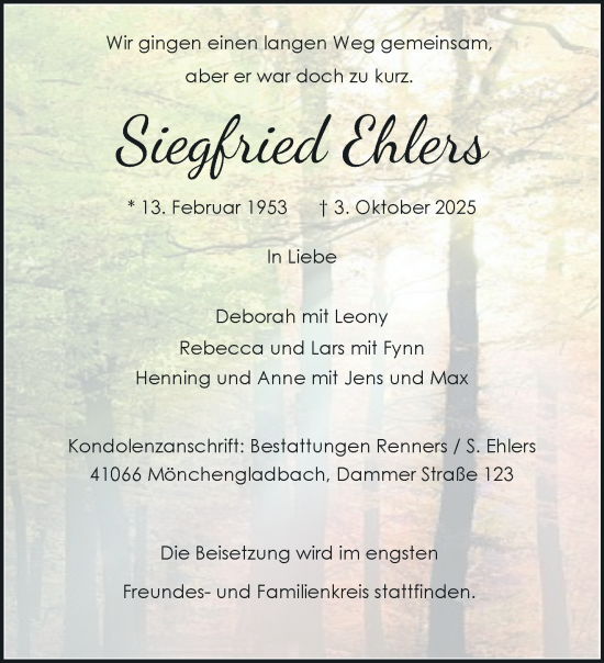 Traueranzeige von Siegfried Ehlers von trauer.panorama-anzeigenblatt.de