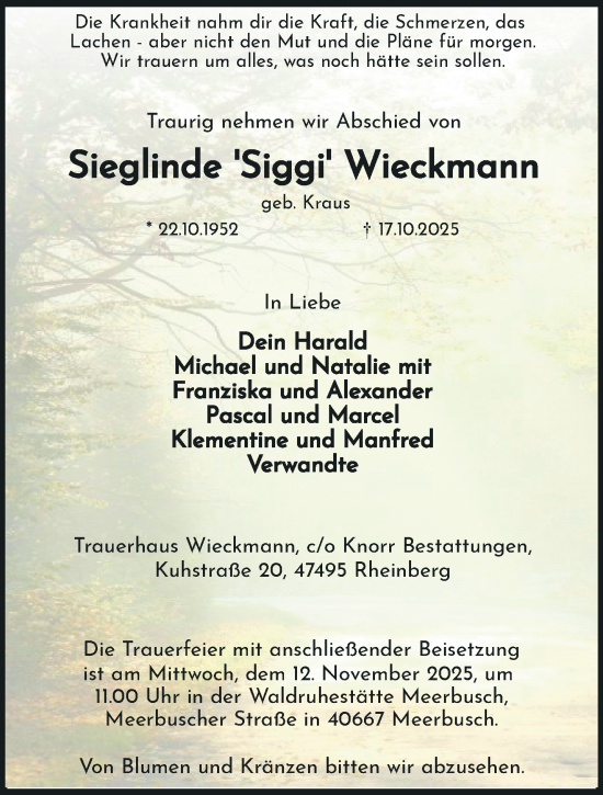 Traueranzeige von Sieglinde Wieckmann von trauer.panorama-anzeigenblatt.de
