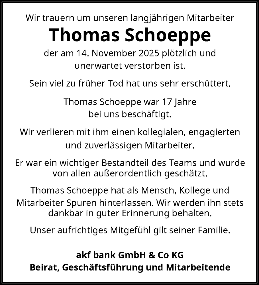  Traueranzeige für Thomas Schoeppe vom 29.11.2025 aus trauer.wuppertaler-rundschau.de