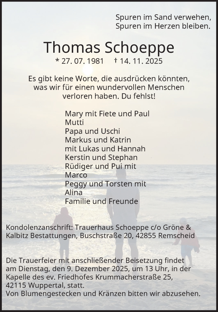  Traueranzeige für Thomas Schoeppe vom 29.11.2025 aus trauer.wuppertaler-rundschau.de