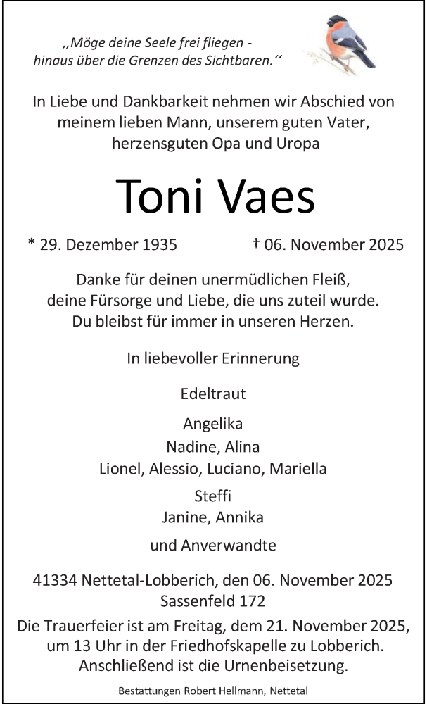  Traueranzeige für Toni Vaes vom 16.11.2025 aus trauer.panorama-anzeigenblatt.de