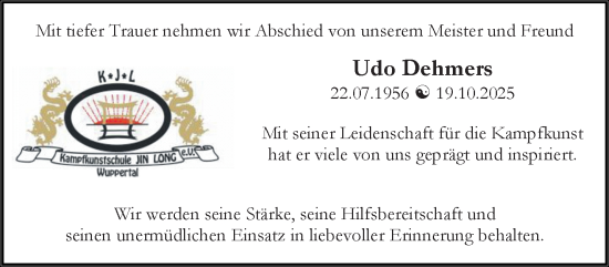 Traueranzeige von Udo Dehmers von trauer.wuppertaler-rundschau.de