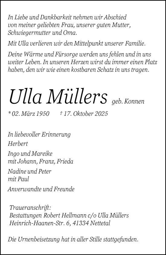 Traueranzeige von Ulla Müllers von trauer.panorama-anzeigenblatt.de