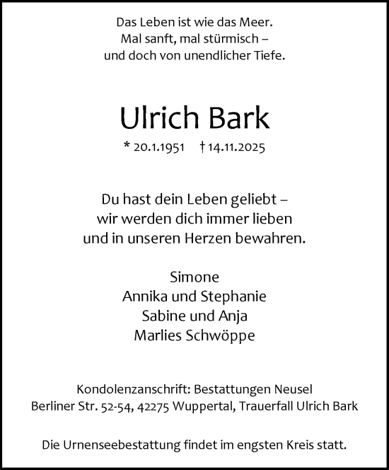 Traueranzeige von Ulrich Bark von trauer.wuppertaler-rundschau.de