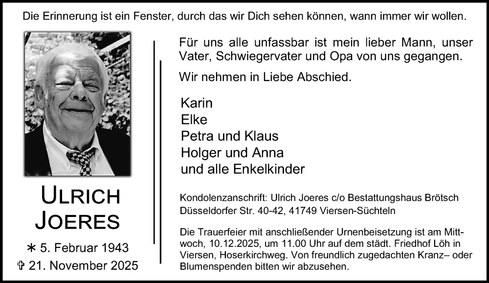  Traueranzeige für Ulrich Joeres vom 30.11.2025 aus trauer.panorama-anzeigenblatt.de