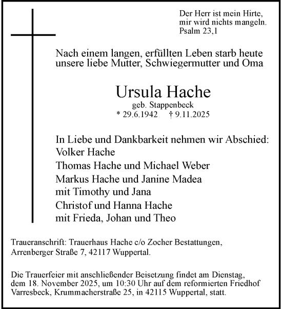 Traueranzeige von Ursula Hache von trauer.wuppertaler-rundschau.de