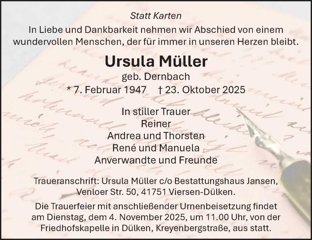  Traueranzeige für Ursula Müller vom 02.11.2025 aus trauer.panorama-anzeigenblatt.de