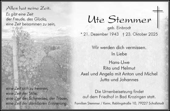 Traueranzeige von Ute Stemmer von trauer.panorama-anzeigenblatt.de