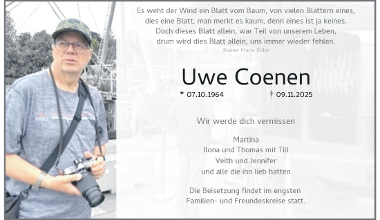 Traueranzeige von Uwe Coenen von trauer.panorama-anzeigenblatt.de