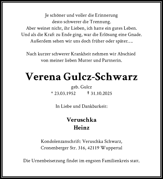 Traueranzeige von Verena Gulcz-Schwarz von trauer.wuppertaler-rundschau.de