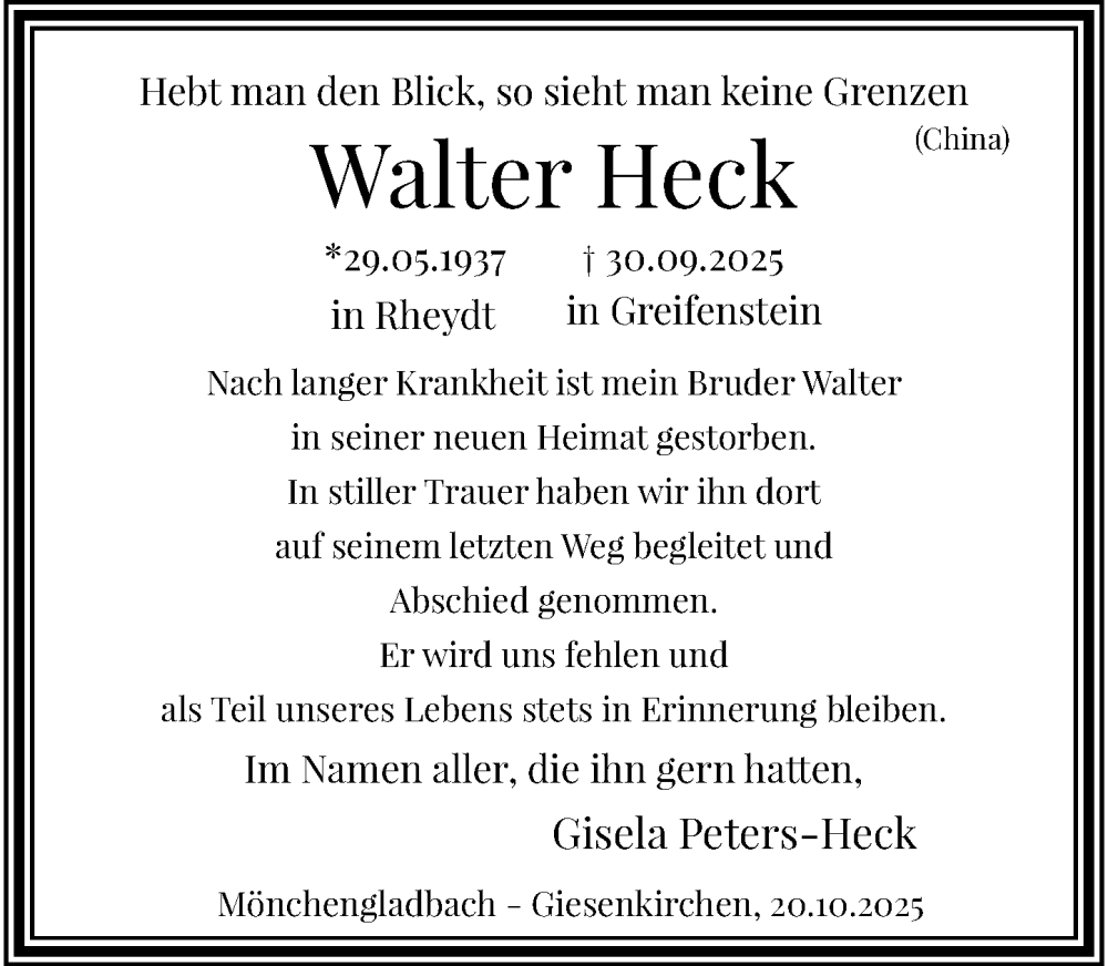  Traueranzeige für Walter Heck vom 09.11.2025 aus trauer.panorama-anzeigenblatt.de