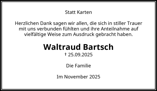Traueranzeige von Waltraud Bartsch von trauer.wuppertaler-rundschau.de