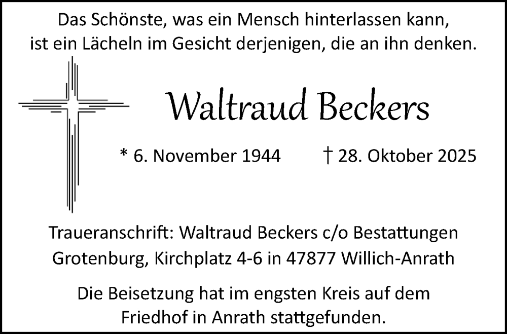  Traueranzeige für Waltraud Beckers vom 30.11.2025 aus trauer.panorama-anzeigenblatt.de