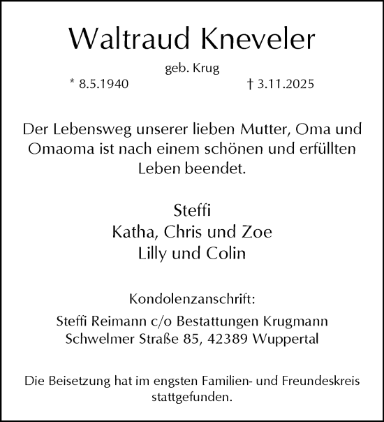 Traueranzeige von Waltraud Kneveler von trauer.wuppertaler-rundschau.de
