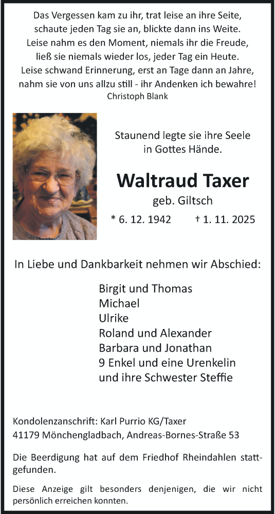  Traueranzeige für Waltraud Taxer vom 09.11.2025 aus trauer.panorama-anzeigenblatt.de