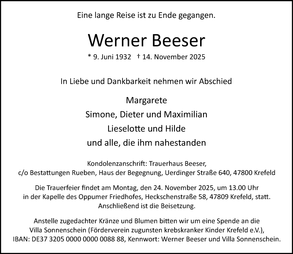  Traueranzeige für Werner Beeser vom 23.11.2025 aus trauer.panorama-anzeigenblatt.de