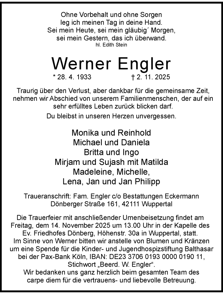  Traueranzeige für Werner Engler vom 08.11.2025 aus trauer.wuppertaler-rundschau.de