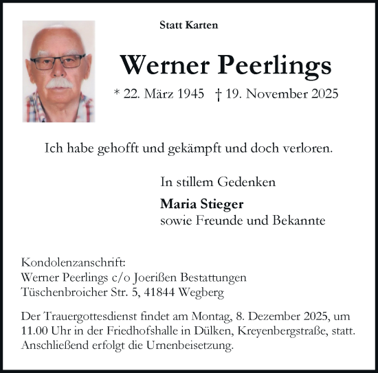 Traueranzeige von Werner Peerlings von trauer.panorama-anzeigenblatt.de