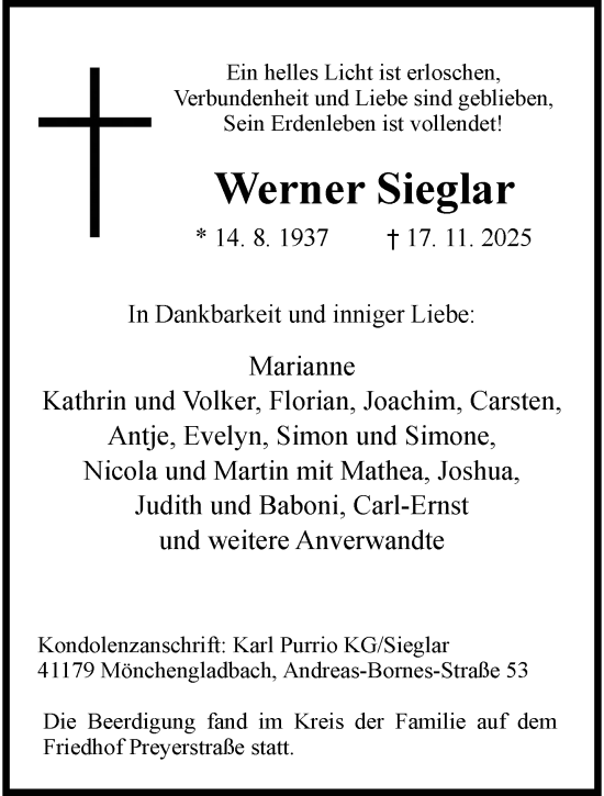 Traueranzeige von Werner Sieglar von trauer.panorama-anzeigenblatt.de