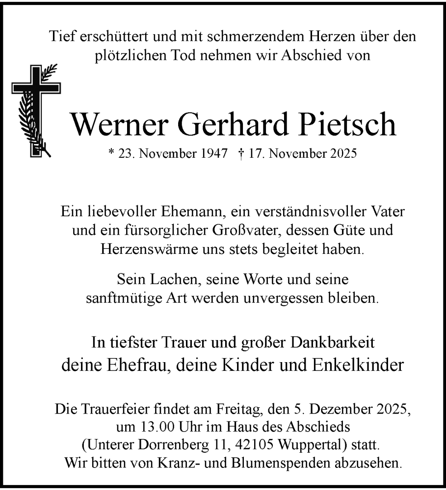  Traueranzeige für Werner Gerhard Pietsch vom 29.11.2025 aus trauer.wuppertaler-rundschau.de