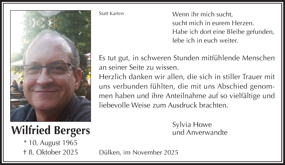  Traueranzeige für Wilfried Bergers vom 16.11.2025 aus trauer.panorama-anzeigenblatt.de