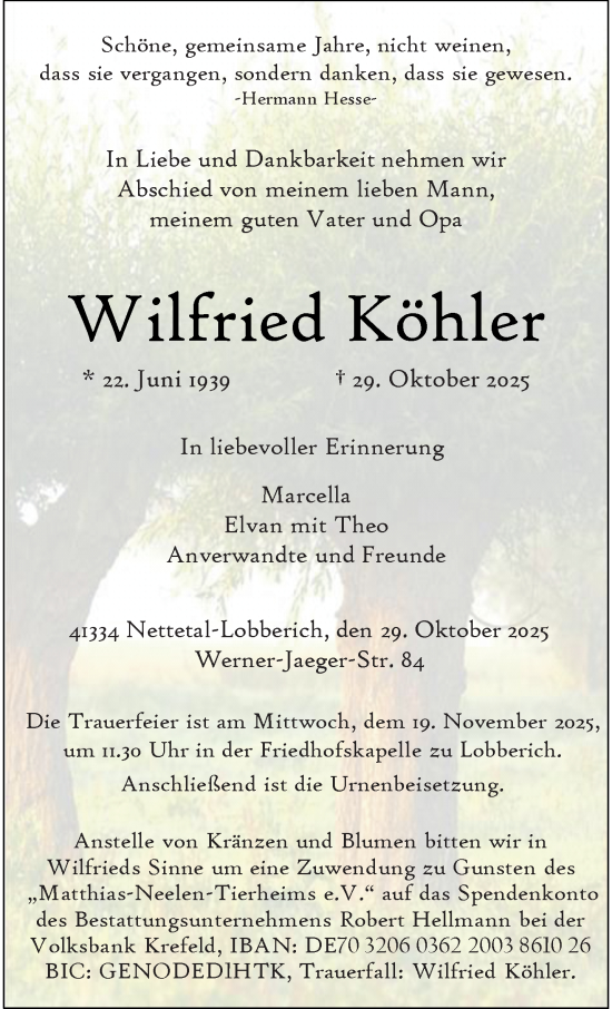 Traueranzeige von Wilfried Köhler von trauer.panorama-anzeigenblatt.de