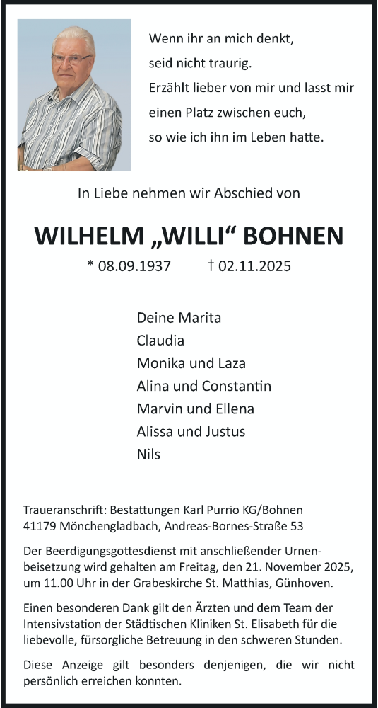  Traueranzeige für Wilhelm Bohnen vom 16.11.2025 aus trauer.panorama-anzeigenblatt.de