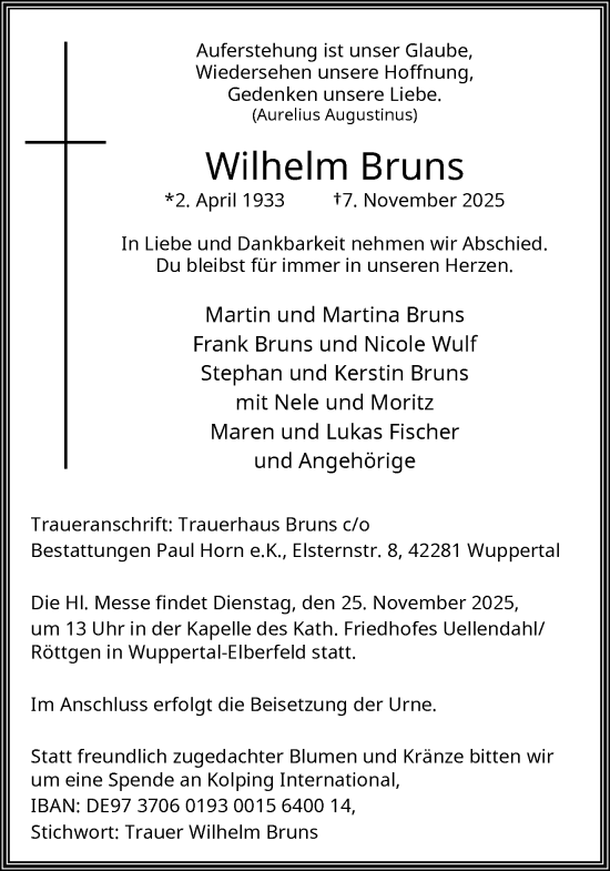 Traueranzeige von Wilhelm Bruns von trauer.wuppertaler-rundschau.de
