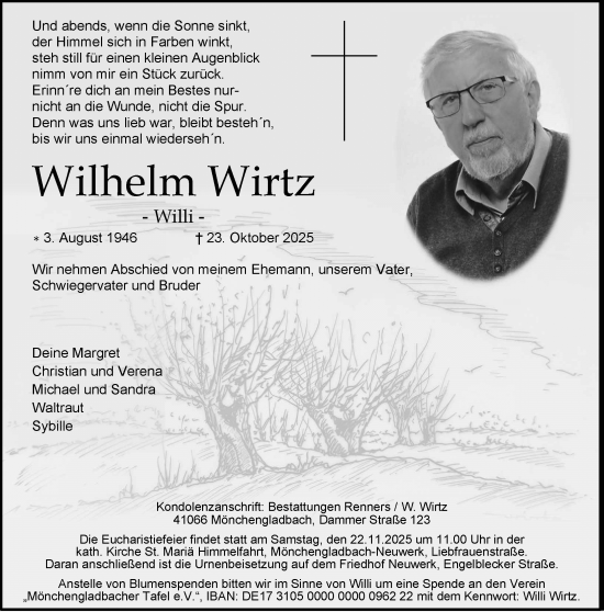 Traueranzeige von Wilhelm Wirtz von trauer.panorama-anzeigenblatt.de