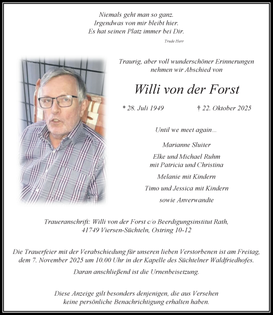 Traueranzeige von Willi von der Forst von trauer.panorama-anzeigenblatt.de