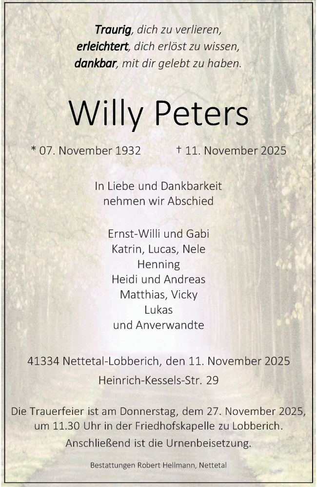  Traueranzeige für Willy Peters vom 23.11.2025 aus trauer.panorama-anzeigenblatt.de