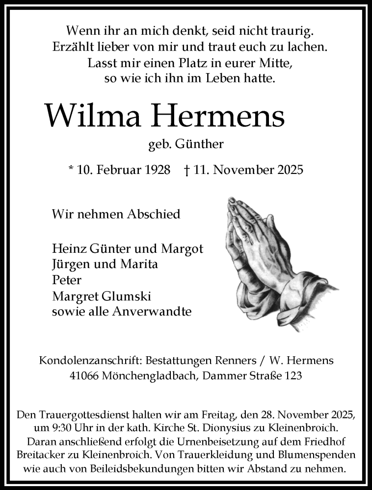  Traueranzeige für Wilma Hermens vom 23.11.2025 aus trauer.panorama-anzeigenblatt.de