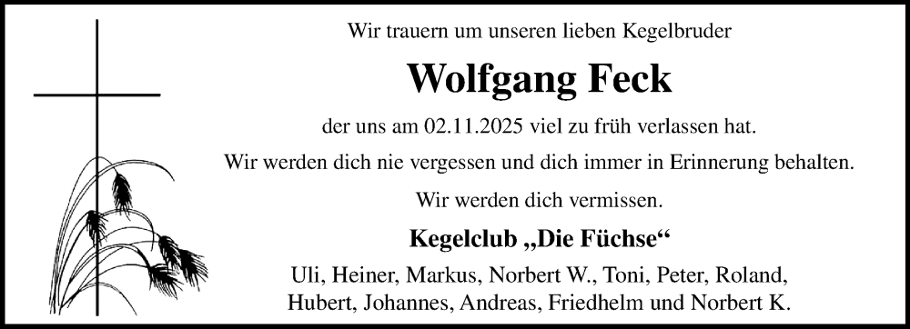  Traueranzeige für Wolfgang Feck vom 09.11.2025 aus trauer.panorama-anzeigenblatt.de