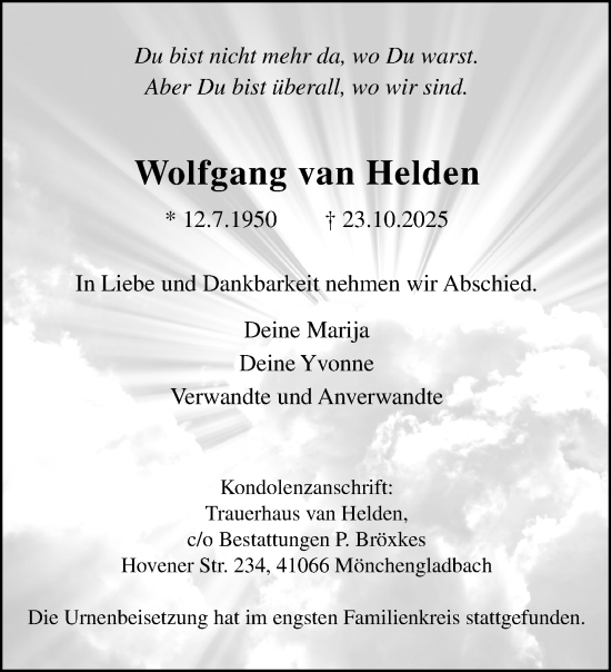 Traueranzeige von Wolfgang van Helden von trauer.panorama-anzeigenblatt.de