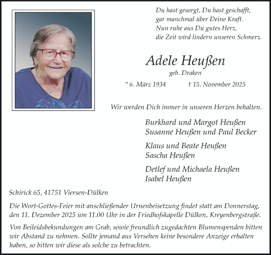 Traueranzeige von Adele Heußen von trauer.panorama-anzeigenblatt.de