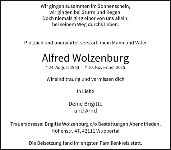 Traueranzeige von Alfred Wolzenburg von trauer.wuppertaler-rundschau.de