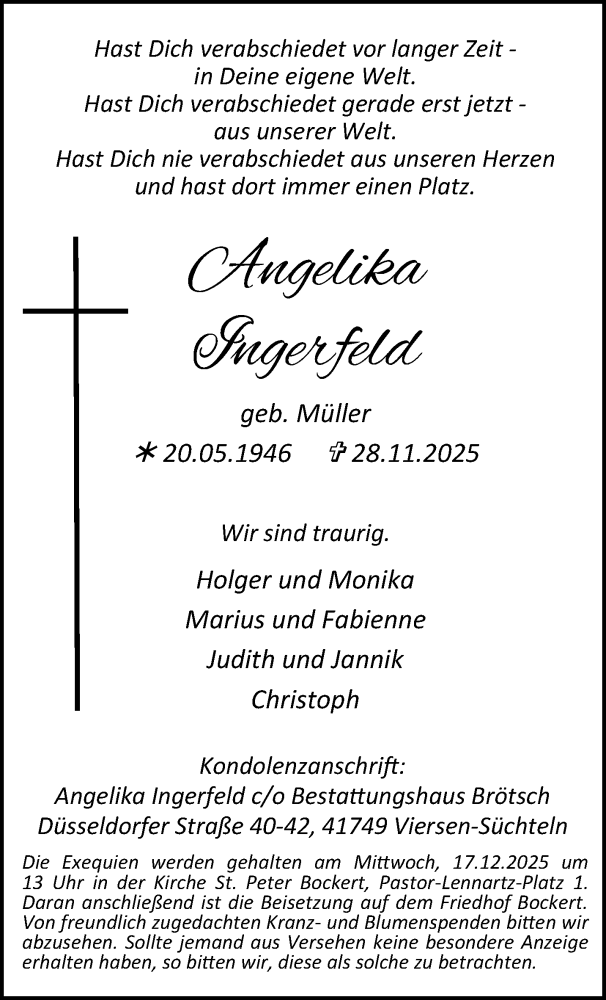  Traueranzeige für Angelika Ingerfeld vom 07.12.2025 aus trauer.panorama-anzeigenblatt.de