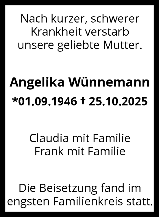 Traueranzeige von Angelika Wünnemann von trauer.wuppertaler-rundschau.de