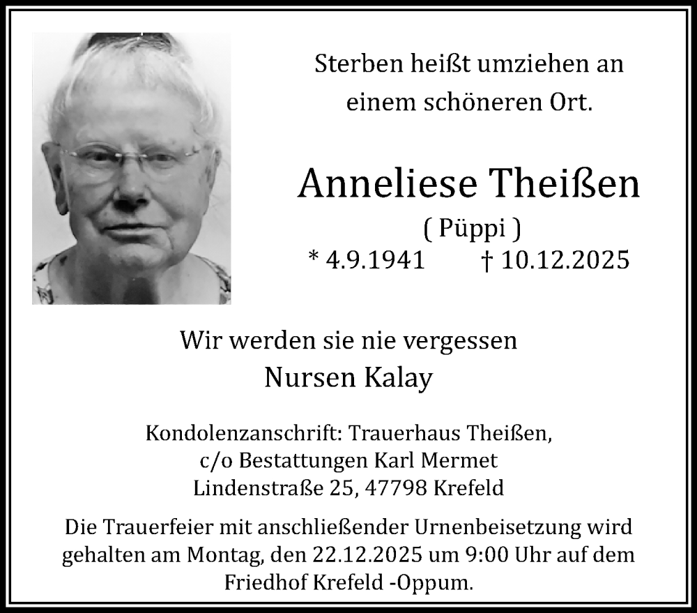  Traueranzeige für Anneliese Theißen vom 21.12.2025 aus trauer.panorama-anzeigenblatt.de