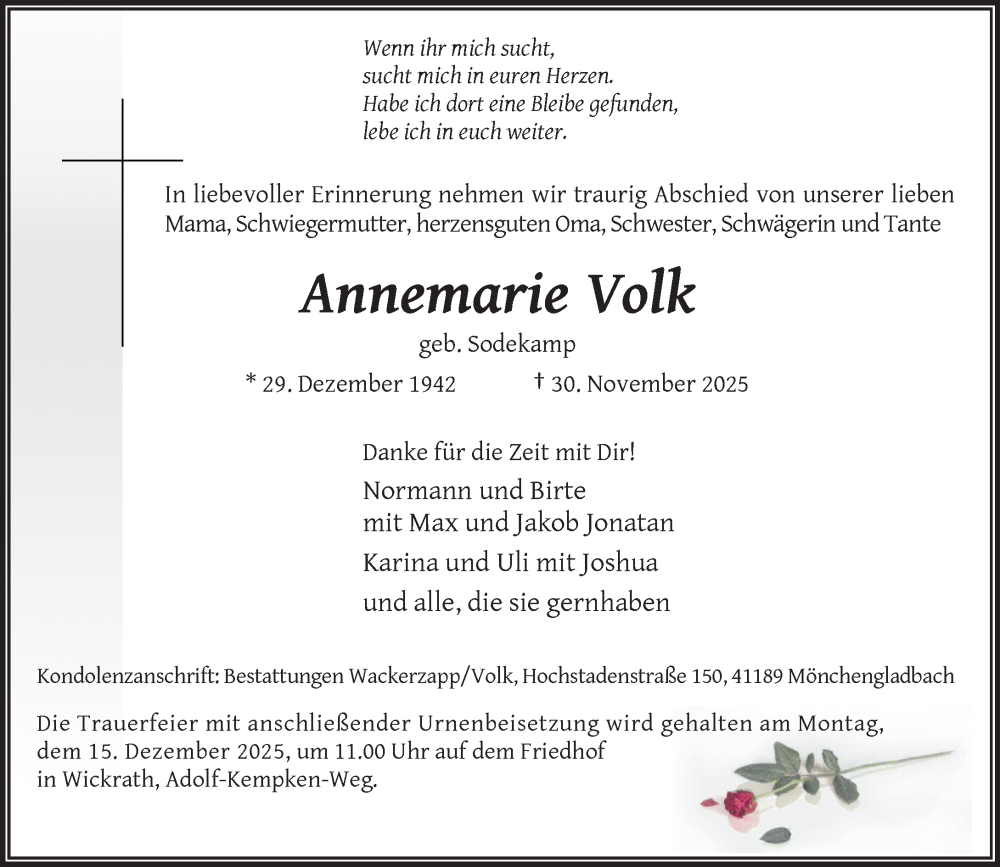  Traueranzeige für Annemarie Volk vom 07.12.2025 aus trauer.panorama-anzeigenblatt.de