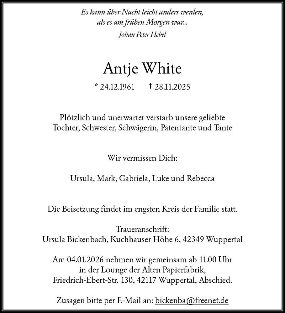  Traueranzeige für Antje White vom 20.12.2025 aus trauer.wuppertaler-rundschau.de
