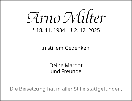 Traueranzeige von Arno Milter von trauer.wuppertaler-rundschau.de