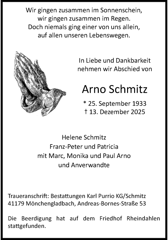Traueranzeige von Arno Schmitz von trauer.panorama-anzeigenblatt.de