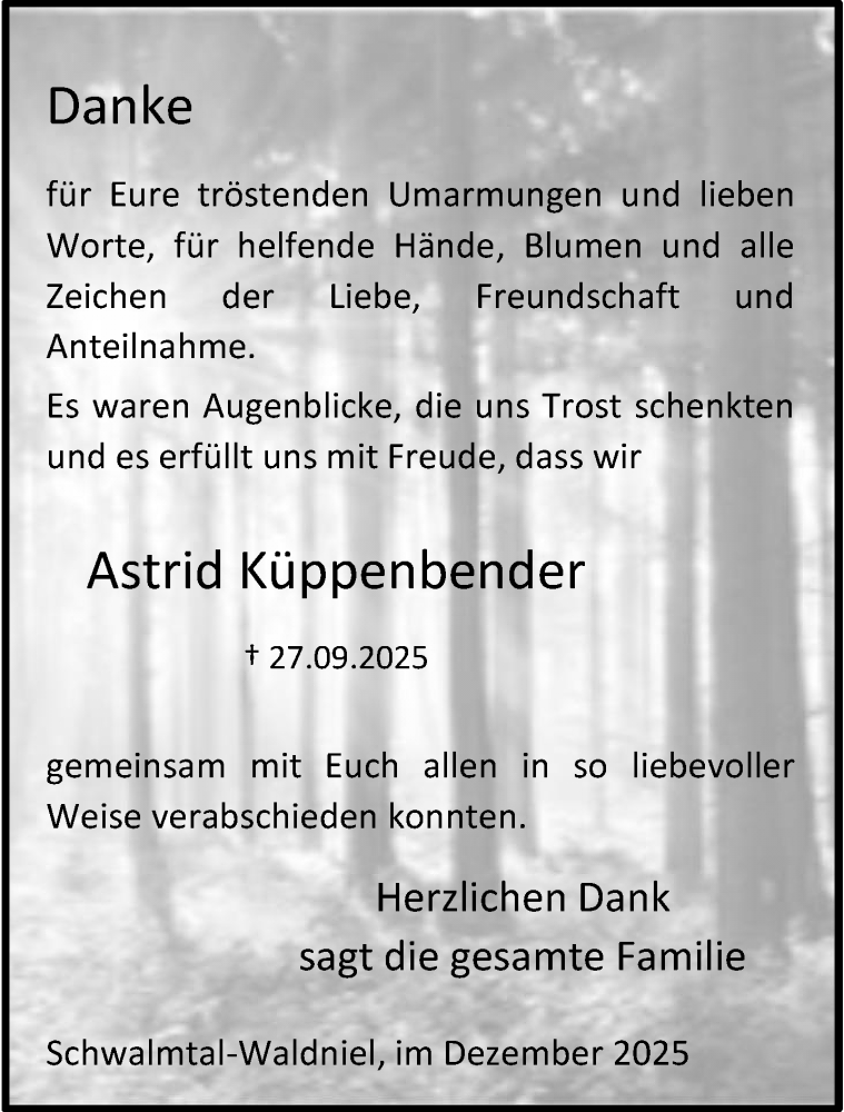 Traueranzeige für Astrid Küppenbender vom 14.12.2025 aus trauer.panorama-anzeigenblatt.de