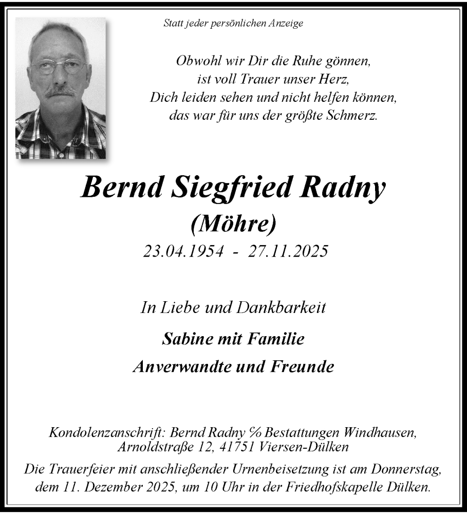  Traueranzeige für Bernd Siegfried Radny vom 07.12.2025 aus trauer.panorama-anzeigenblatt.de