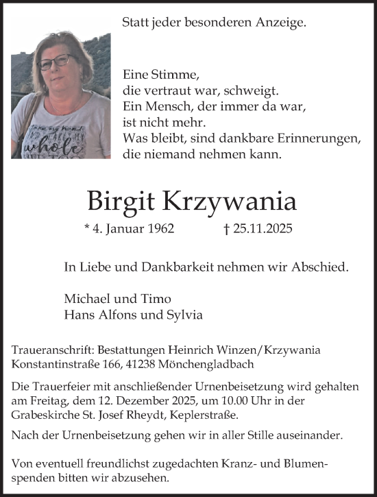 Traueranzeige von Birgit Krzywania von trauer.panorama-anzeigenblatt.de