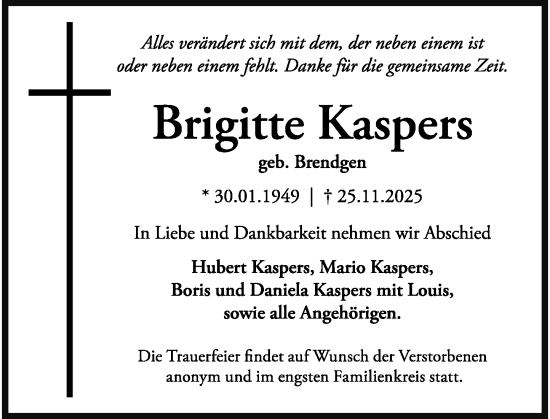 Traueranzeige von Brigitte Kaspers von trauer.panorama-anzeigenblatt.de