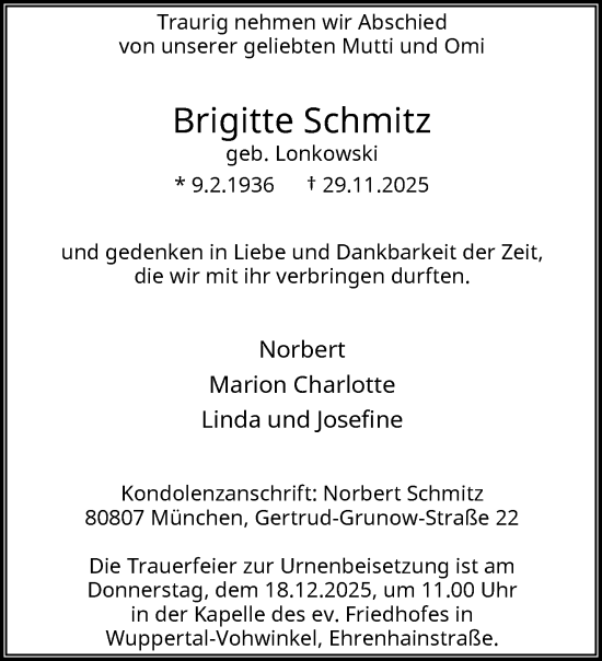 Traueranzeige von Brigitte Schmitz von trauer.wuppertaler-rundschau.de