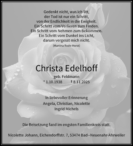Traueranzeige von Christa Edelhoff von trauer.wuppertaler-rundschau.de
