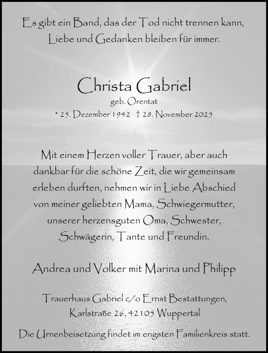 Traueranzeige von Christa Gabriel von trauer.wuppertaler-rundschau.de